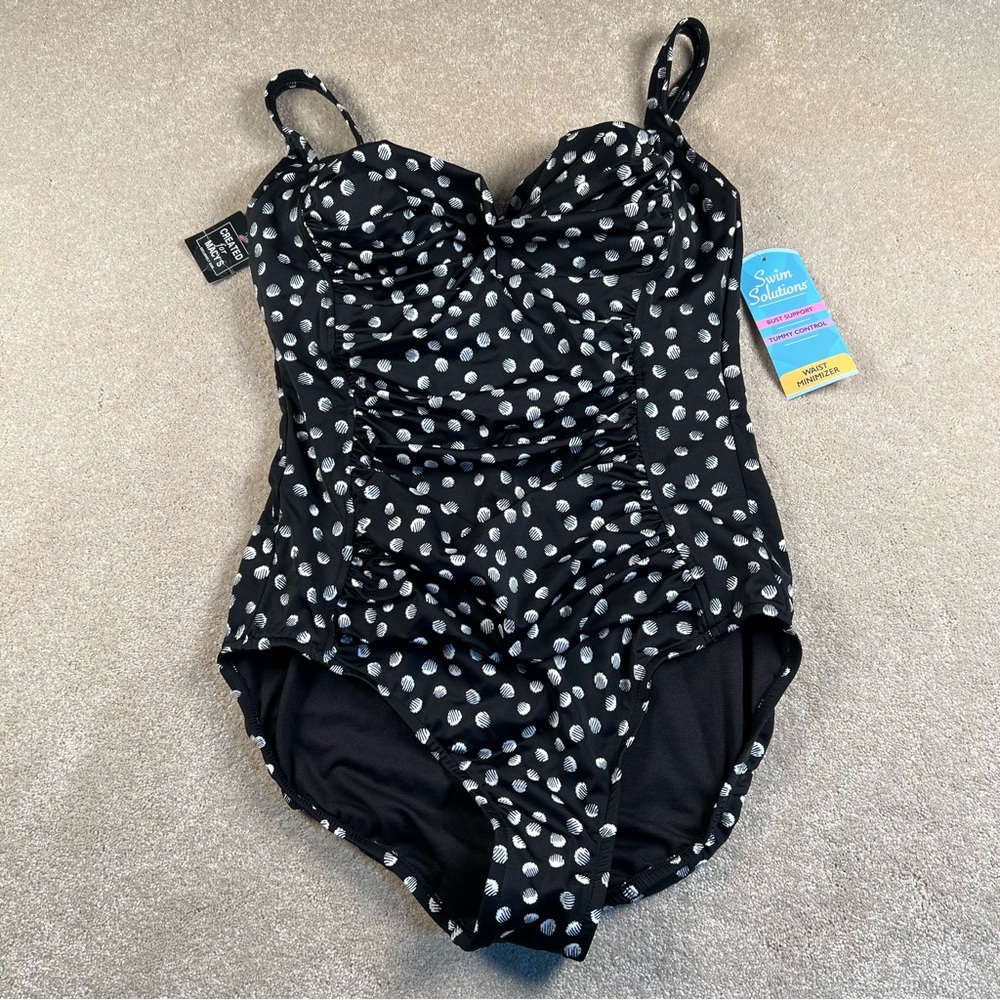 Swim Solutions One Piece Swimsuit Twist Bra Mailott Black White Polka Dot NWT 16